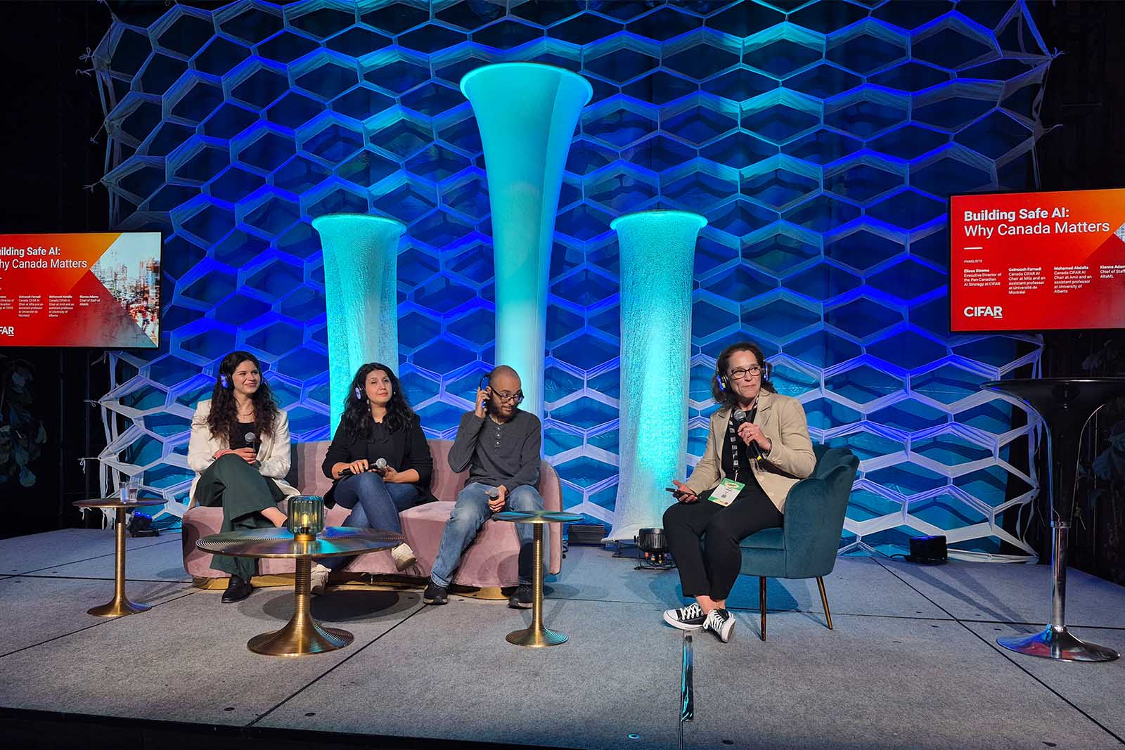 (L-R) Kianna Adams (AltaML), Golnoosh Farnadi (Mila), Mohamed Abdalla (Amii) and Elissa Strome (CIFAR) discuss how to build AI systems that are aligned with the values and safety of society and how Canada can lead in this endeavor.